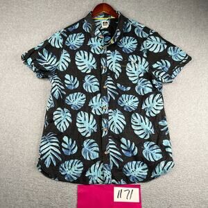 Reef Tropical Print Shirt Black Blue Beach Casual Button Up Short Sleeve Mens XL